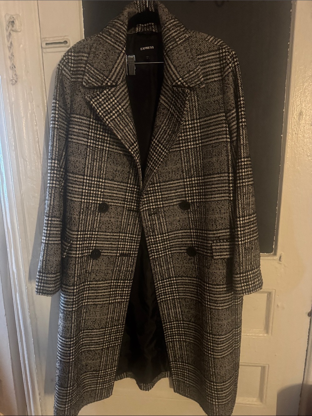 Express Black & White Plaid Double-Breasted Trench Coat - Size Large